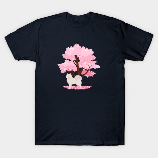 Samoyed Dog with Spring Sakura Tree T-Shirt by Seasonal Dogs